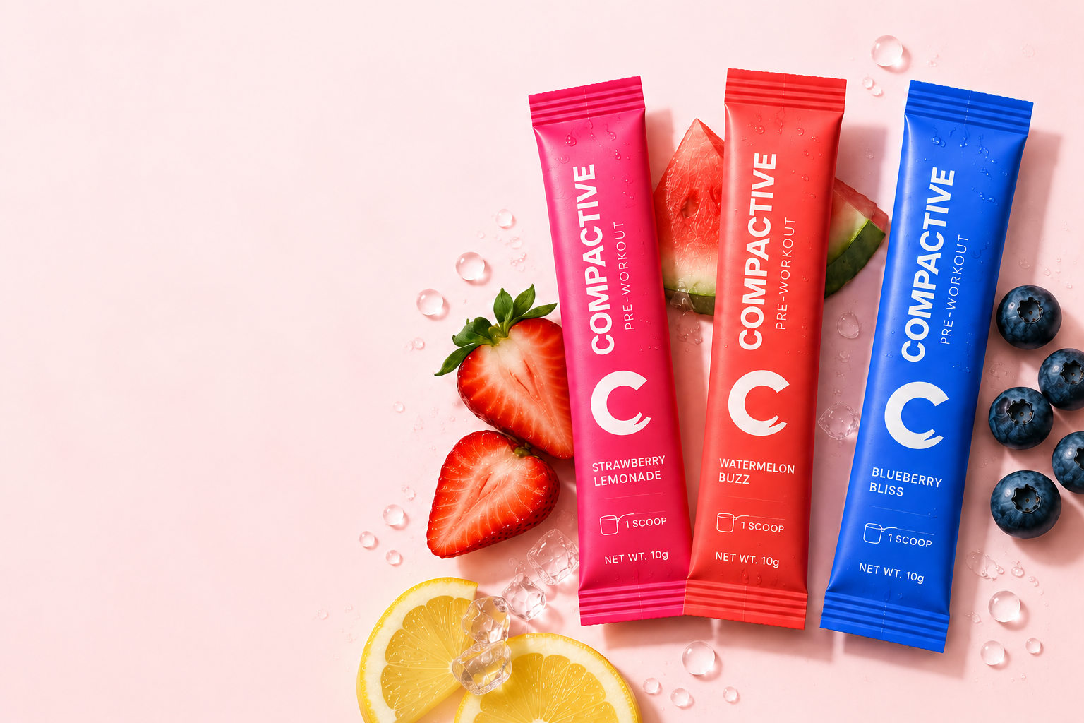 Three Compactive pre-workout sachets — Strawberry Lemonade, Watermelon Buzz and Blueberry Bliss — styled with fresh strawberries, watermelon, blueberries, lemon, ice and water droplets